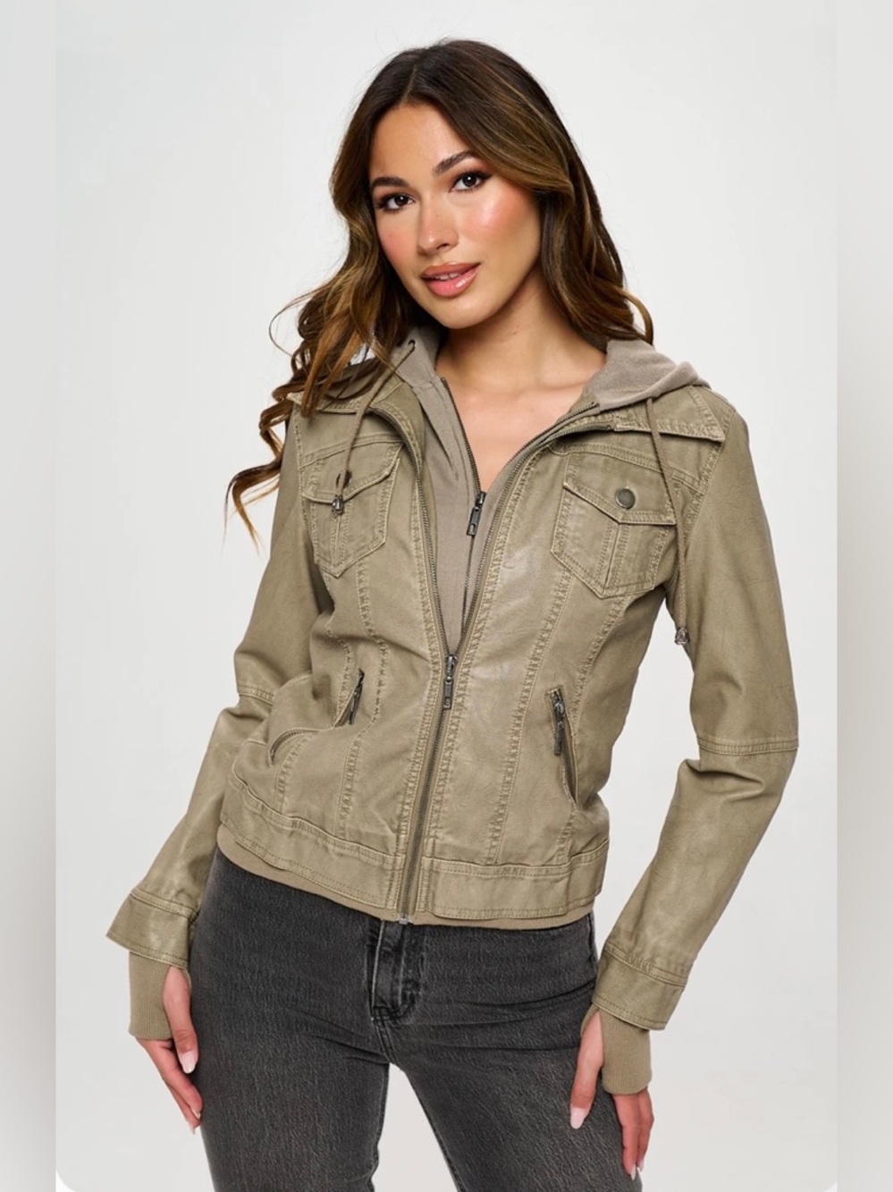 LA Coalition Double Zip Grey Faux Leather Hooded Jacket